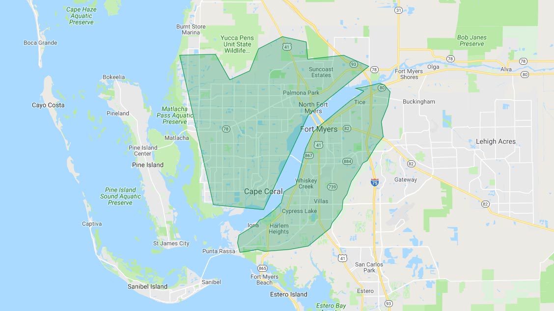 Areas served by Tim's Tree Service.
