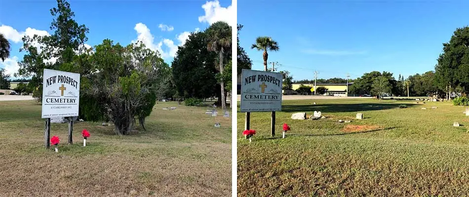 Cemetery cleanup before and after photo in North Fort Myers, FL.